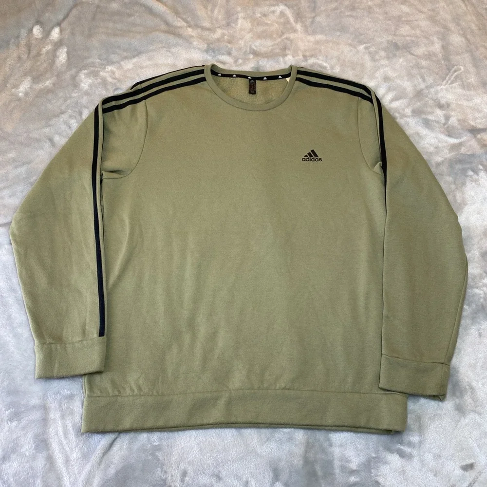 Adidas Sweatshirt Men XL Olive Green Primegreen 3Stripe Crewneck Fleece Pullover